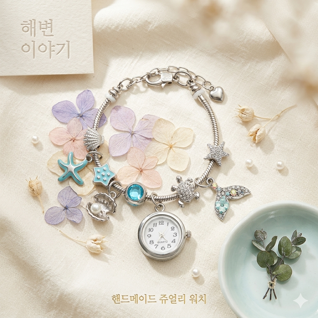 Đồng Hồ vòng tay Nữ bracelet Màu Bạc Charm Biển, Vỏ Sò Đuôi Cá Sao Biển, không gỉ Hàn Quốc, Quà Tặng Cặp Đôi lãng mạn