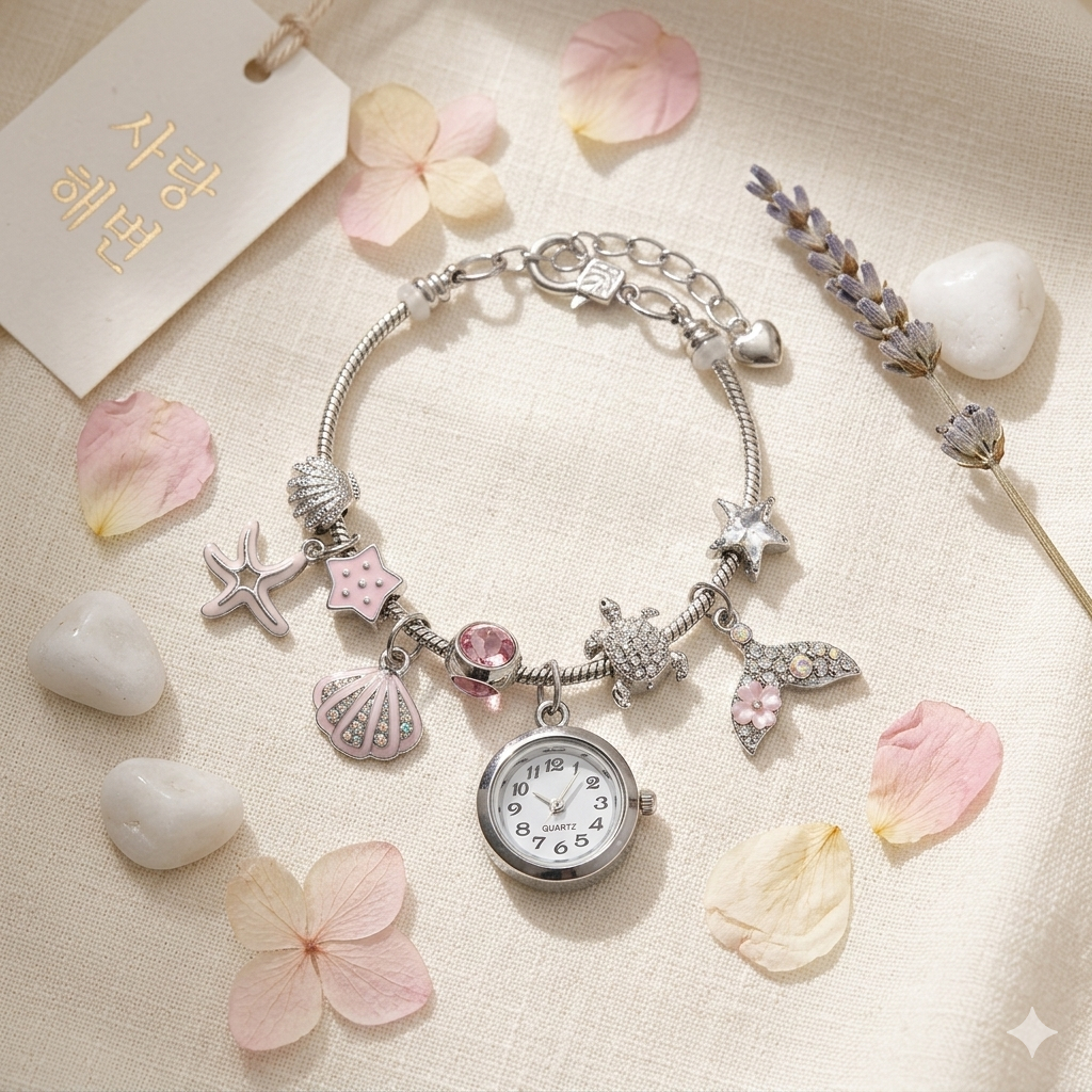 Đồng Hồ vòng tay Nữ bracelet Màu Bạc Charm Biển, Vỏ Sò Đuôi Cá Sao Biển, không gỉ Hàn Quốc, Quà Tặng Cặp Đôi lãng mạn