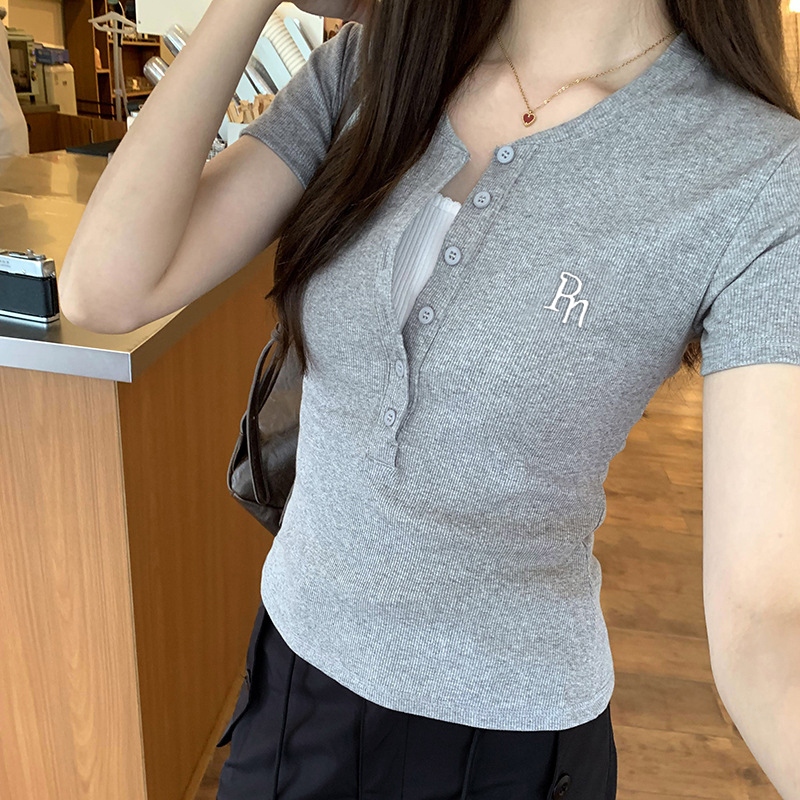 【dynamar】Áo thun ngắn tay kiểu retro áo thun thường ngày đa năng. áo thun nữ ôm dáng thêu họa tiết