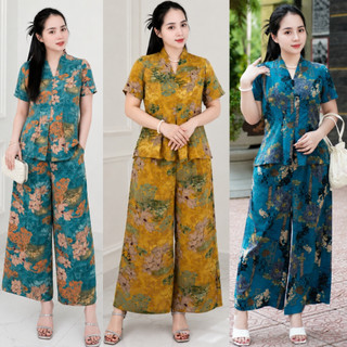 Set đồ bộ trung niên cách điệu chất vải lụa Hàn Ms30 – Áo có cổ sang trọng, quần ống rộng giả váy mềm mát