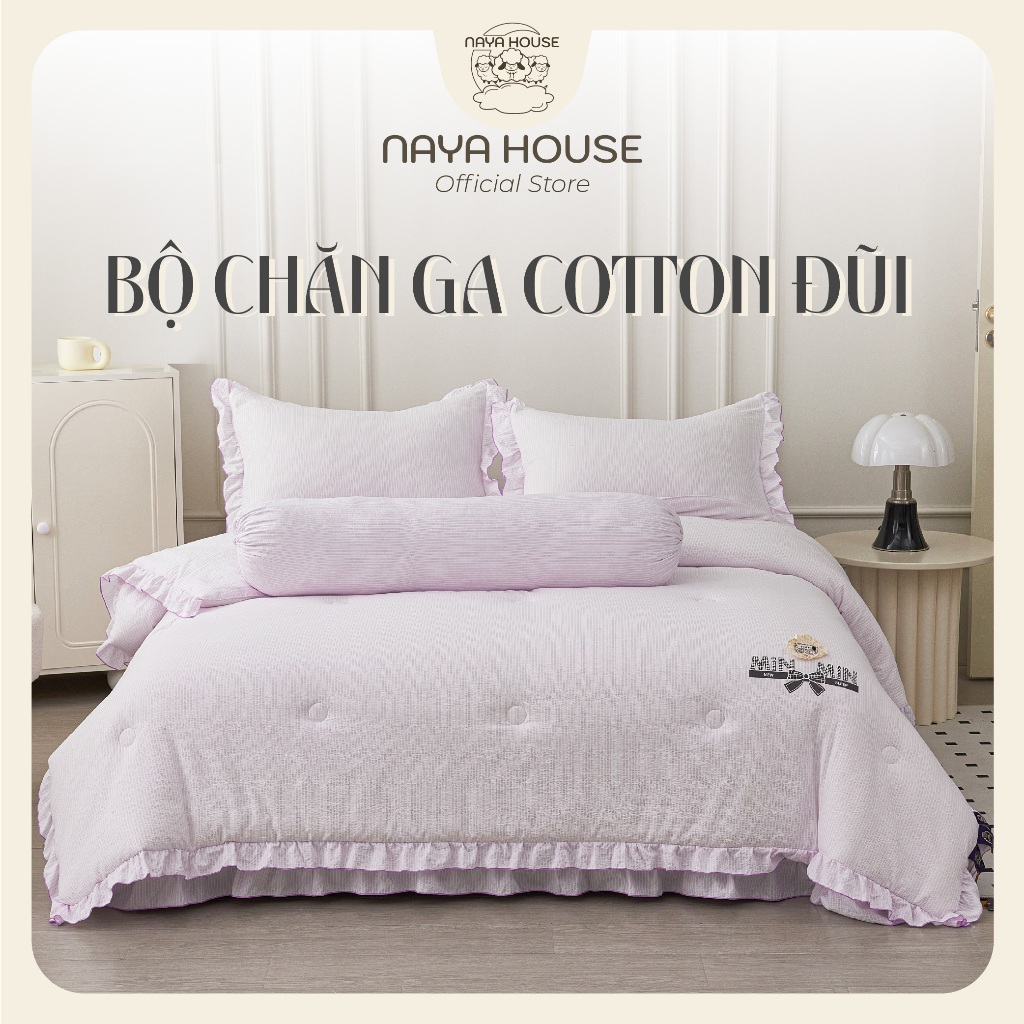Bộ Chăn Ga Gối 5 Món Cotton Đũi Naya House Viền Nhún Ga Phủ Chần Bông Phong cách Hàn Quốc BC08