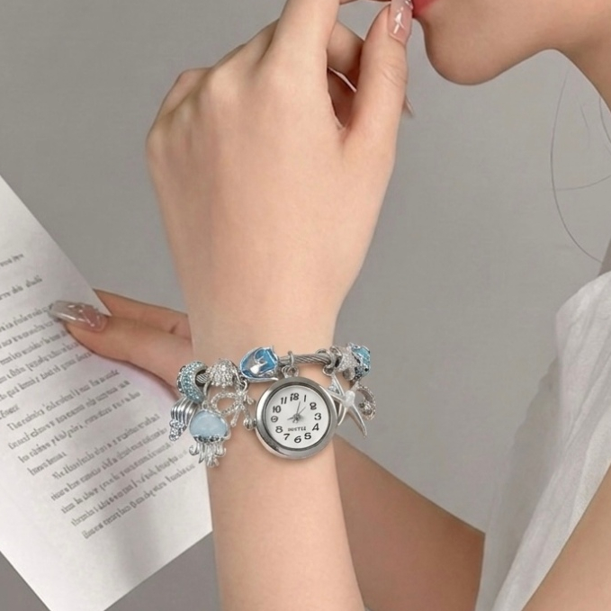 Đồng Hồ Lắc Tay bracelets Nữ Màu Bạc Charm Sao Biển Sứa, Thủ Công đồ trang sức, Không Gỉ, Quà Tặng Cặp Đôi Hàn Quốc