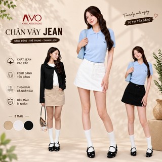 Chân váy jean bò Xòe Phồng nữ Avo Avocado ôm eo tôn dáng Túi Hộp dáng ngắn kèm quần trong cạp cao
