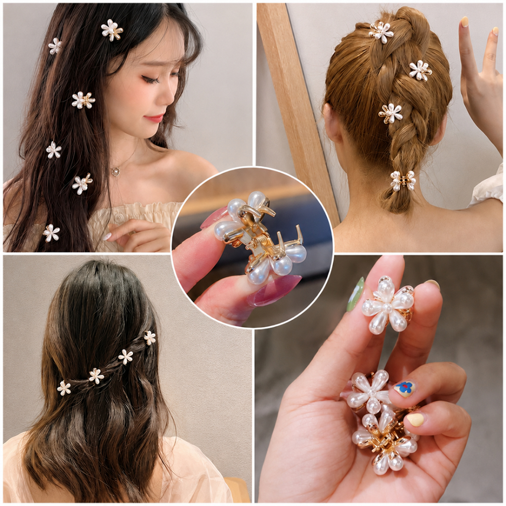 Kẹp tóc mini hoa ngọc trai nhân tạo phong cách vintage Pháp thanh lịch cho nữ