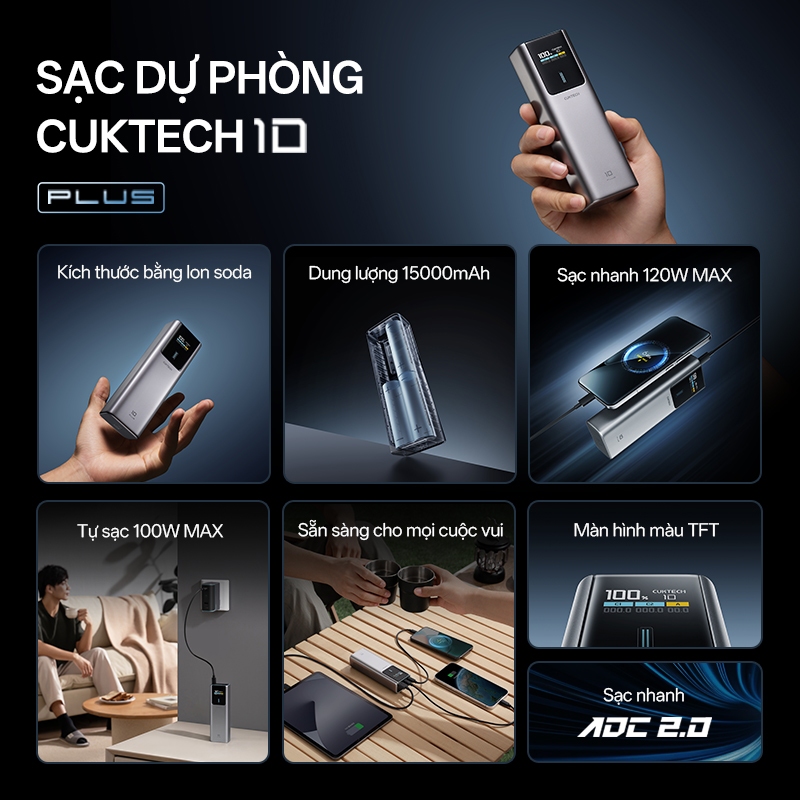 CUKTECH 10 PLUS Sạc Di Động 2C1A | Sạc Nhanh 120W Max | Dung Lượng 15.000mAh | Bảo Hành 18 Tháng PB150P | BigBuy360 - bigbuy360.vn