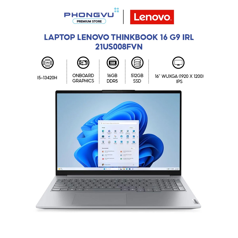 Máy tính xách tay/ Laptop Lenovo ThinkBook 16 G9 IRL - 21US008FVN (Core i5-13420H) (Xám) - Bảo hành 24 tháng