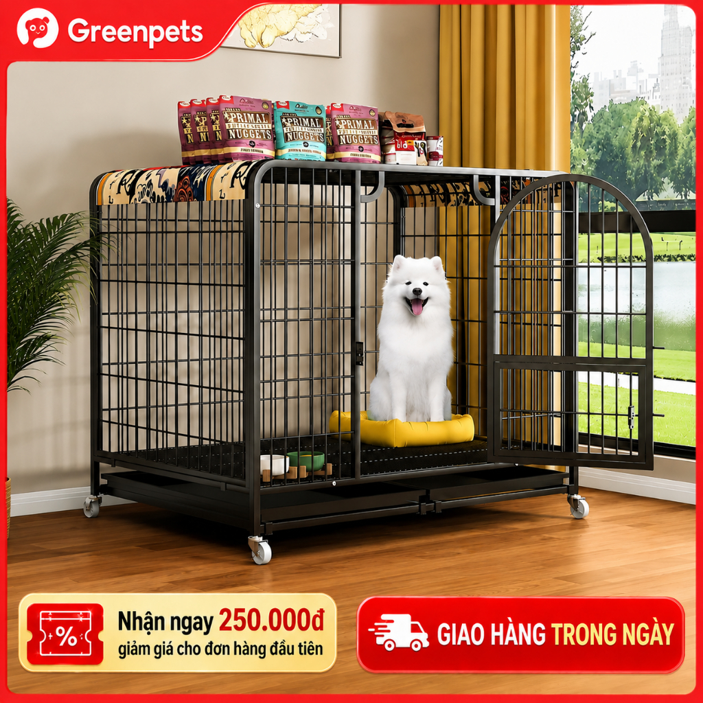 Lồng Chó Nan Ống Mạ Kẽm Chống Ẩm Mùa Mưa Thoáng Khí Có Bánh Xe Tặng Khay