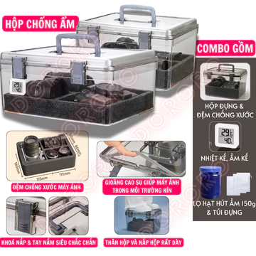 Combo hộp chống ẩm máy ảnh CAO CẤP dành cho DSLR, Mirrorlessi, Bridge, Compact - Combo: Hộp + Đệm + Ẩm kế + Hạt hút ẩm