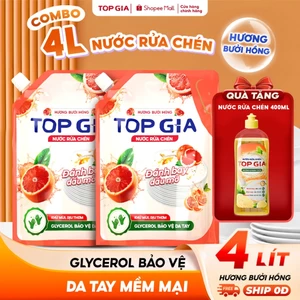 Nước Rửa Chén Bát TopGia Hương Bưởi & Chanh, An Toàn Cho Da Tay, Sạch Dầu Mỡ, Túi 2L
