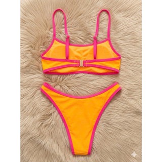 Bikini 2 mảnh, đồ bơi nữ màu cam phối viền nổi bật, vải co giãn sẵn đệm ngực, khuy cài sau hàng VNXK