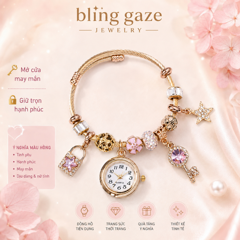 Lắc Tay Đồng Hồ Vàng Kèm Charm Cao Cấp ｜Chống nước, rửa tay không lo rỉ sét｜Quà tặng cho bạn gái丨kikishine bonny time
