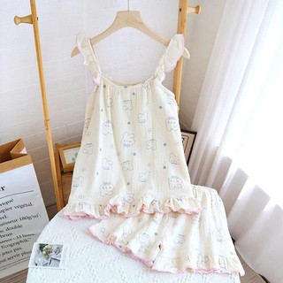 Đồ Bộ 2 Dây Cánh Tiên Chất Xô Muslin Nhăn Nhẹ Họa Tiết Vintage Thấm Hút Mồ Hôi Tốt - Lim Dim