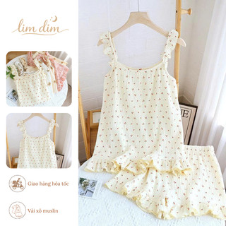 Đồ Bộ 2 Dây Cánh Tiên Chất Xô Muslin Nhăn Nhẹ Họa Tiết Vintage Thấm Hút Mồ Hôi Tốt - Lim Dim