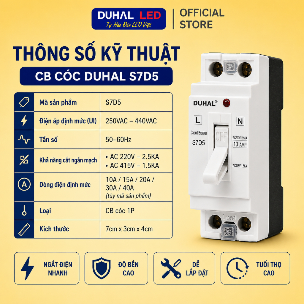 CB Cóc DUHAL S7D5, Cầu Dao Điện MCB Có Đèn Báo An toàn 10A 15A 20A 30A 40A