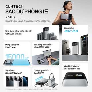 CUKTECH 15 AIR Sạc Di Động 2C1A | Công Suất 100W Max | Dung Lượng 15.000mAh | Bảo Hành 18 Tháng PB150S