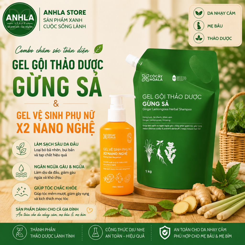 Combo Túi Gội Thảo Dược Gừng Sả Cỏ Cây Hoa Lá & Gel Vệ Sinh X2 Nano Nghệ Cam 150gram
