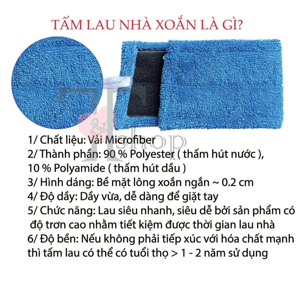 Cây Lau Nhà Inox Microfiber Mịn / San hô/ Xoắn 40cm Bản Nhựa Dán Homeinno CÁN THẲNG 1m45