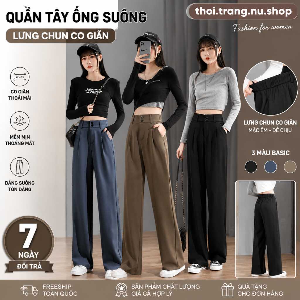 [Combo 2 quần] Quần tây nữ ống suông lưng chun cạp cao khóa trước Dáng Dài 100cm cạp bản to 7cm lưng cao siêu tôn dáng
