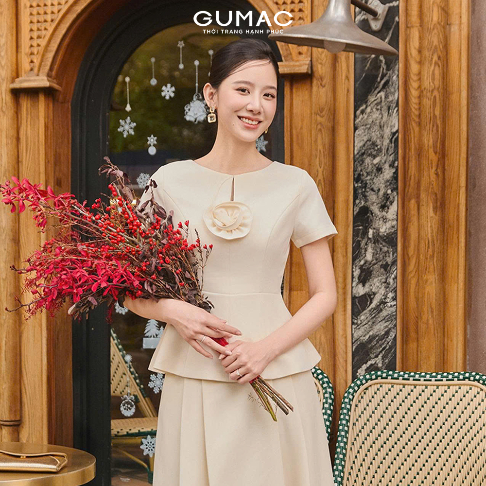 Áo Peplum Nữ GUMAC Cổ Ngang Chiết Eo Xòe Nhẹ Có Đính Hoa 3D Trang Trí Thanh Lịch AG07104