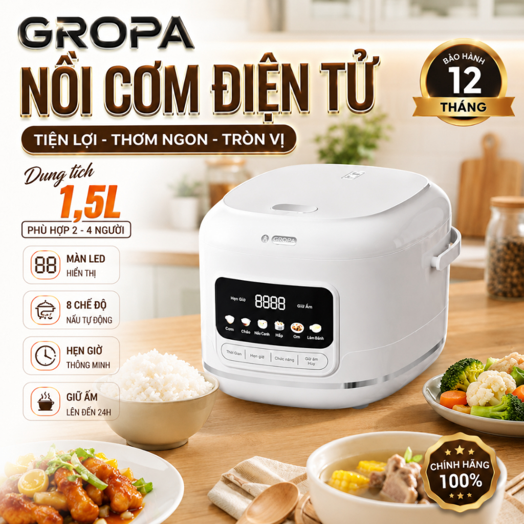 Nồi cơm điện tử GROPA chính hãng, nồi cơm dung tích 1,5L lòng nồi chống dính 3 lớp nấu cơm cực nhanh