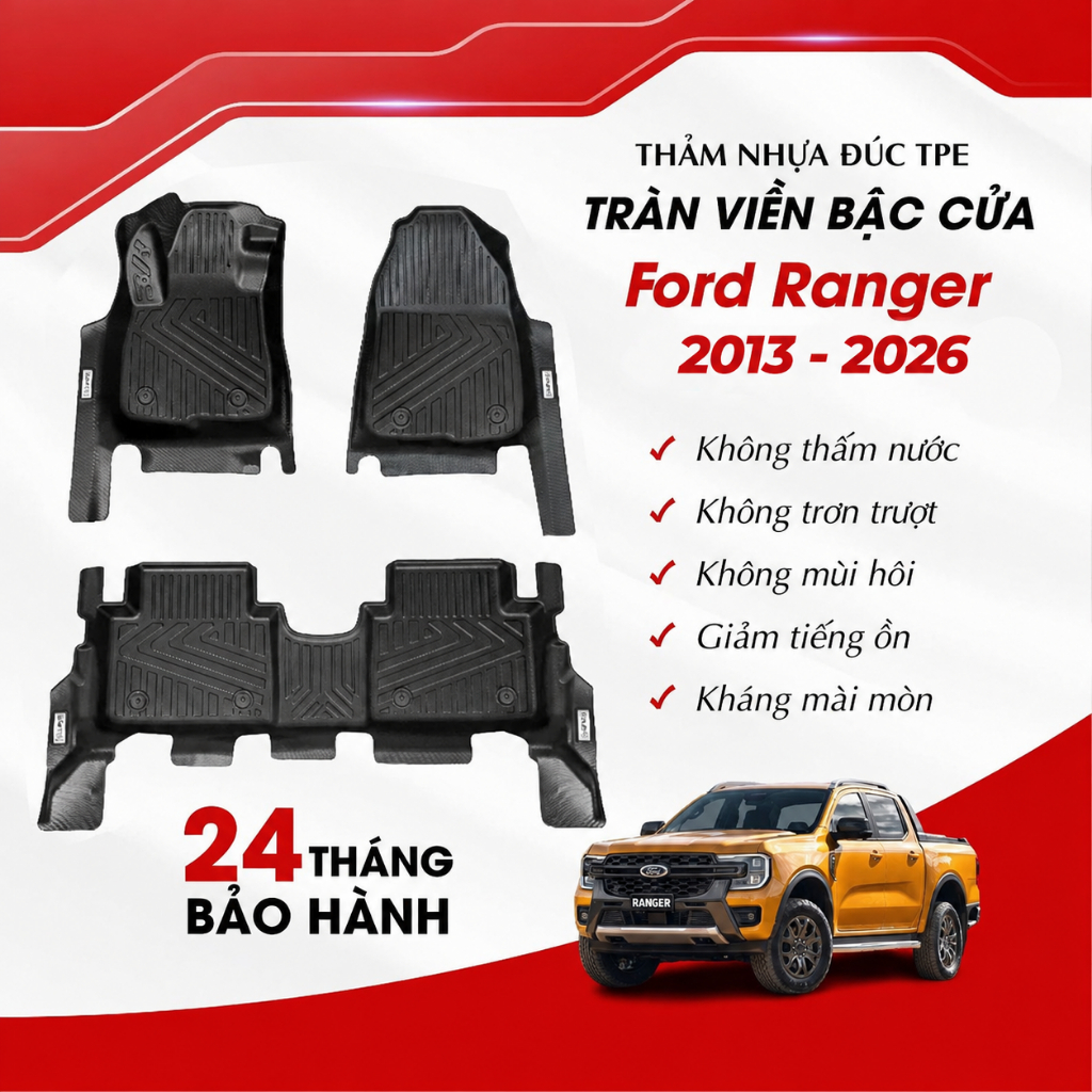 Thảm Lót Sàn Ô Tô TPE Cao Cấp FUMO Cho Ford Ranger (2013 - 2026) Đúc Nguyên Khối, Tràn Viền Bậc Cửa