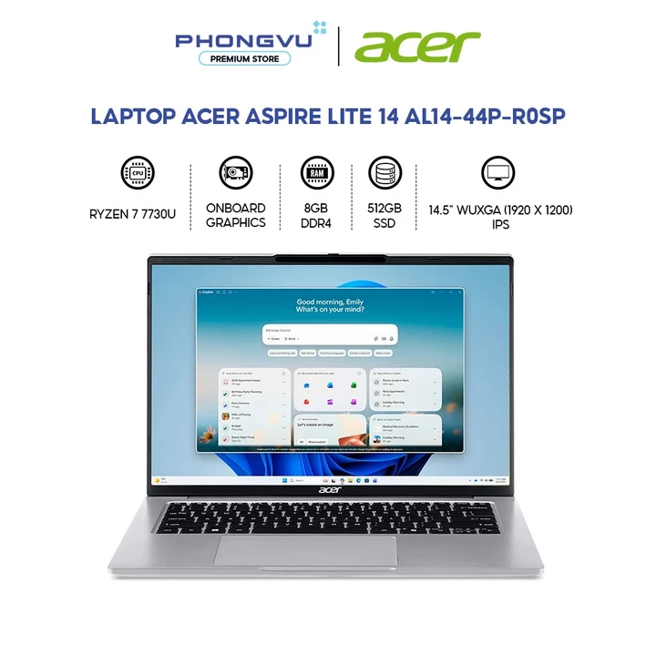 Máy tính xách tay/ Laptop Acer Aspire Lite 14 AL14-44P-R0SP (AMD Ryzen 7 7730U) (Bạc) - Bảo hành 12 tháng