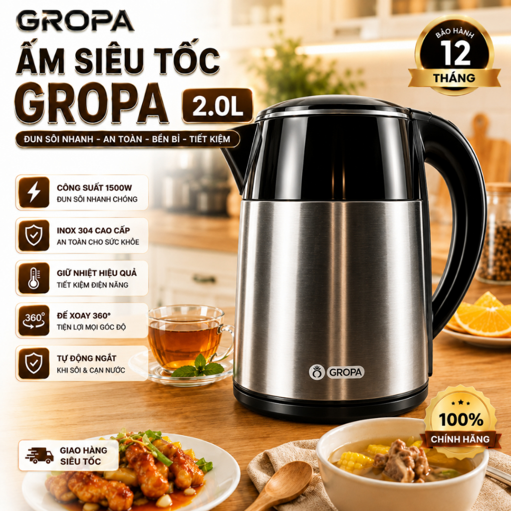 Ấm siêu tốc GROPA chính hãng, ấm đun siêu tốc dung tích 2L công suất 1500W đun sôi chỉ sau 5 phút