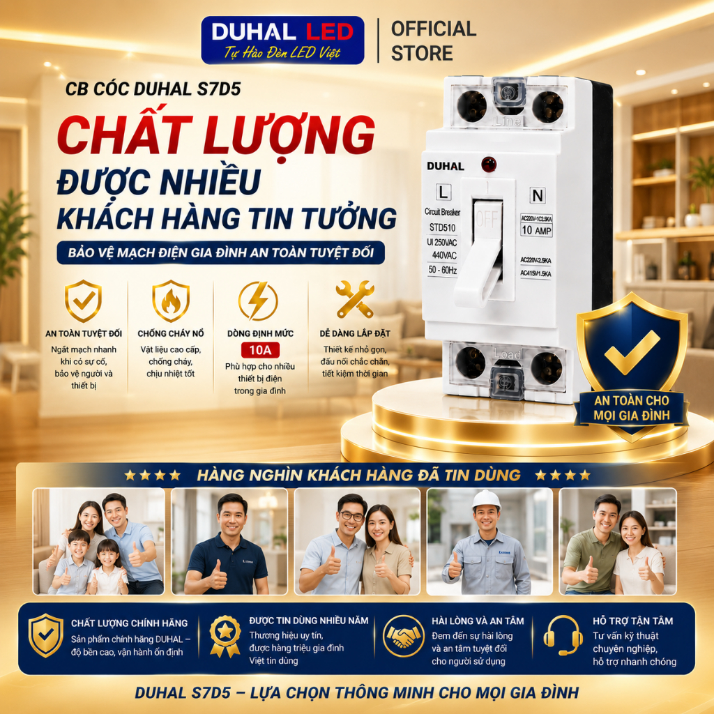 CB Cóc DUHAL S7D5, Cầu Dao Điện MCB Có Đèn Báo An toàn 10A 15A 20A 30A 40A
