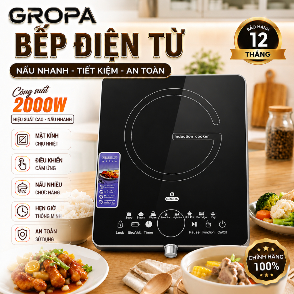 Bếp từ đơn GROPA G2015 chính hãng, bếp điện từ công suất lớn 2200W mặt kính chịu lực nấu cực nhanh
