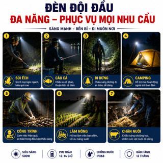BẢO HÀNH 12 THÁNG - Đèn Pin Đội Đầu Thái Lan A98 Siêu Sáng 500W Chiếu Xa 600m 3 PIN 10-15H Chống Nước IPX68 Chuyên lặn