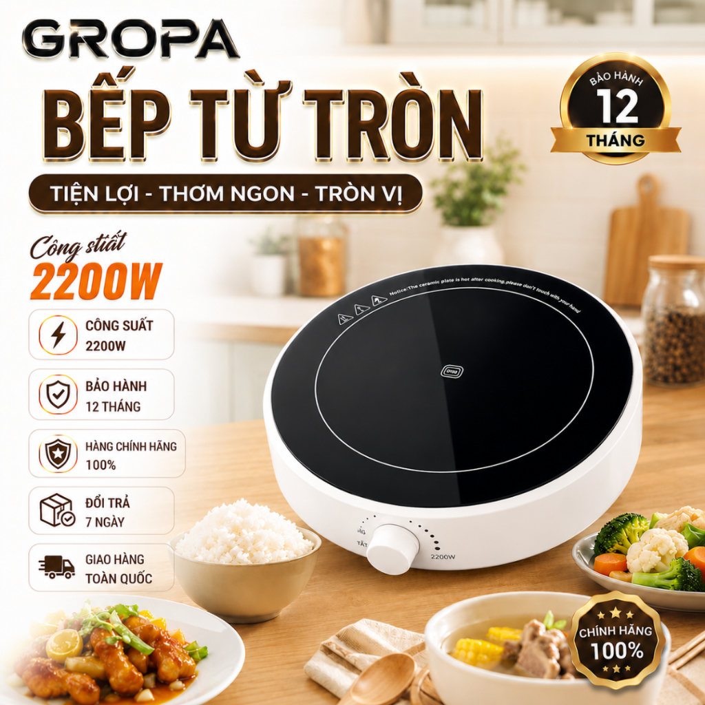 Bếp từ tròn GROPA chính hãng, bếp điện từ mini công suất 2200W nấu nướng đa dạng, sôi cực nhanh