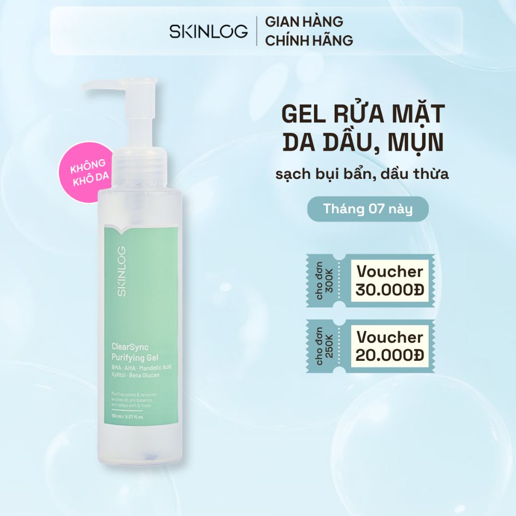 Gel Rửa Mặt SKINLOG ClearSync Purifying Gel 150ml - Sạch Thoáng, Loại Bỏ Dầu Thừa, Không Gây Khô Da