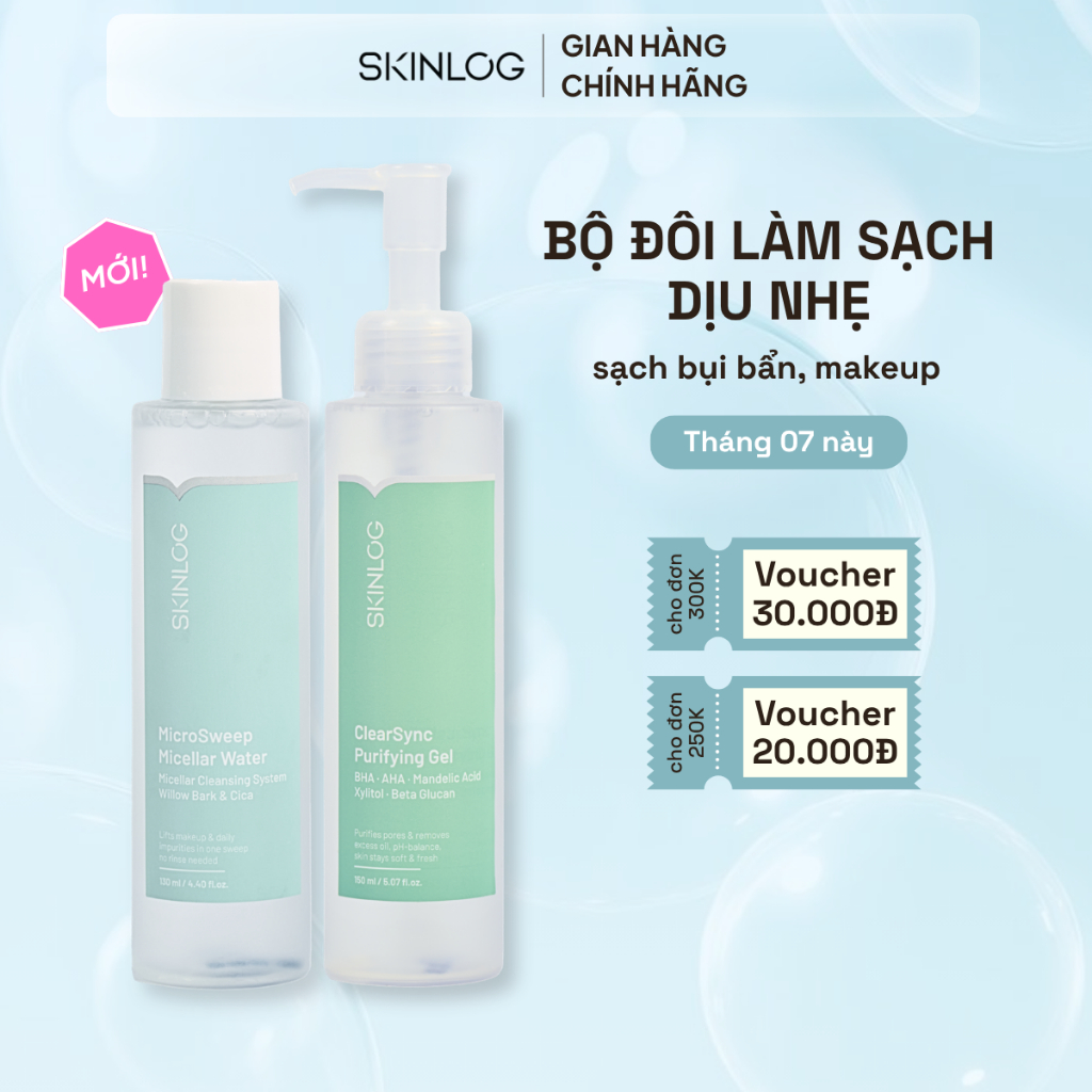 Bộ đôi SKINLOG làm sạch nước tẩy trang 130ml và gel rửa mặt 150ml Làm Sạch sâu, Thông Thoáng da