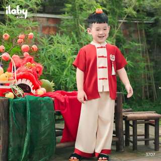 Set bộ trung thu bé trai ILABY HCM thiết kế đỏ kem phối họa tiết đầu lân CÁT KHÁNH [3707]