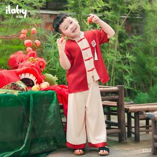 Set bộ trung thu bé trai ILABY HCM thiết kế đỏ kem phối họa tiết đầu lân CÁT KHÁNH [3707]
