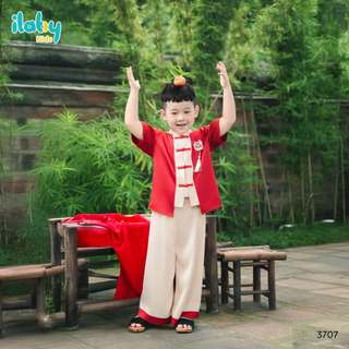 Set bộ trung thu bé trai ILABY HCM thiết kế đỏ kem phối họa tiết đầu lân CÁT KHÁNH [3707]