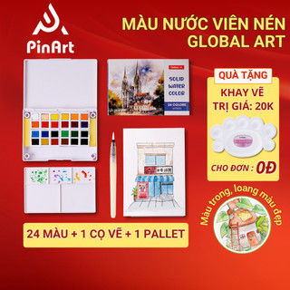 Màu Nước Dạng Nén Cao Cấp GLOBAL ART Màu Nước 24 Màu, Loang Màu Tốt, Kèm Bút Vẽ, Chuyên Nghiệp M70020
