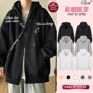 Áo Khoác Hoodie Nỉ Khoá Zip Tay Phồng Trơn Unisex RUSY, Nón 2 Lớp Dày Dặn Tay Bồng Chất Nỉ Bông AK04
