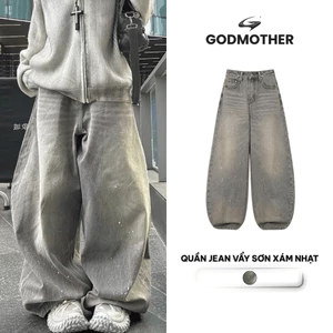 Quần Jean Ống Rộng Xám Nhạt GODMOTHER Quần Jean Vẩy Sơn Wash Nhẹ Cá Tính Phong Cách Streatwear Unisex