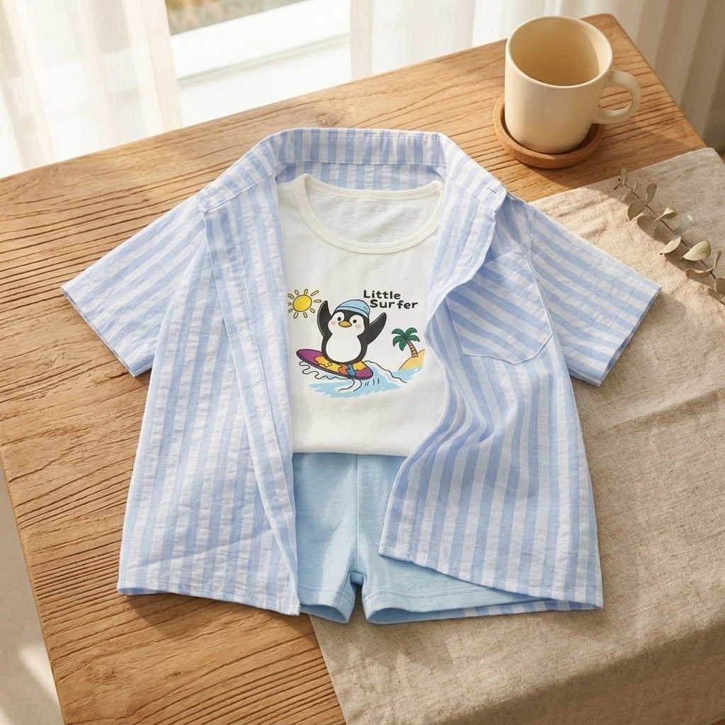 Set 3 Món Quần Áo Bé Trai Gumiho Kids (8-30kg), Bộ Đồ Hè Gồm Áo Sơ Mi Sọc Khoác Ngoài, Áo Ba Lỗ Cotton Và Quần Short