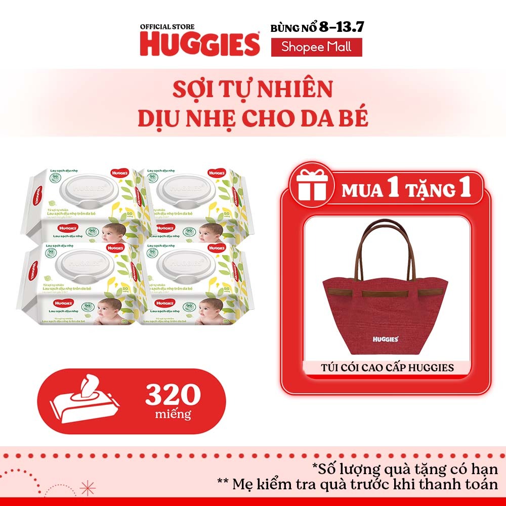 Combo 4 gói khăn ướt Huggies Êm mềm (không mùi) cao cấp, sợi tự nhiên và dịu nhẹ cho bé (80 miếng/gói)