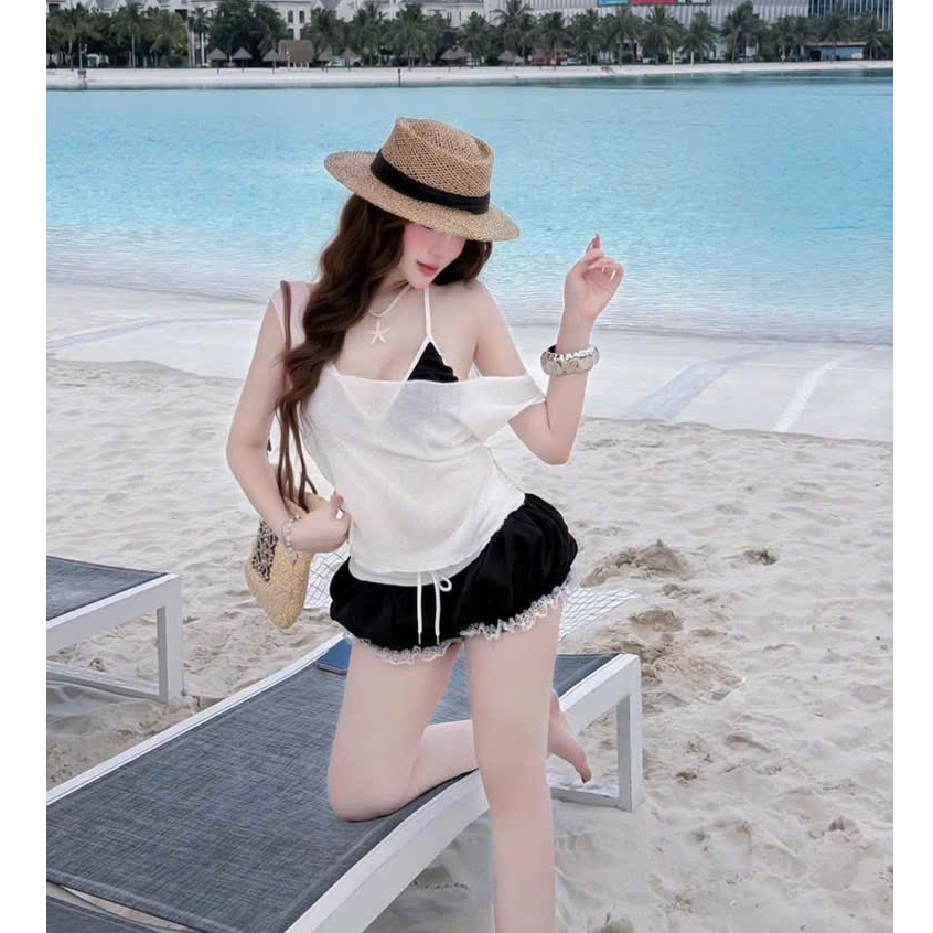 Đồ Bơi Nữ 3 Món Quần Bí Phối Ren - Set Bikini Nữ Kèm Áo Thun Ngoài Đi Biển Hồ Bơi Resort Sexy Kín Đáo - ảnh 2