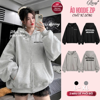 Áo Khoác Hoodie Khoá Kéo Zip Trơn Nỉ Bông In Chữ Dáng Form Rộng Nón 2 Lớp, Áo Hoodie In Chữ Nón Rộng Unisex RUSY