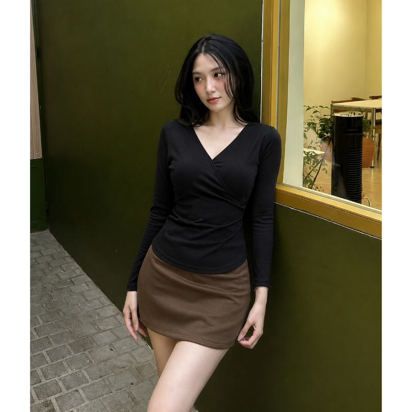 Áo Thun Tay Dài Cổ V Bigsize ESHOP Áo Kiểu Nữ Dài Tay Thun Gân Co Giãn Ôm Body MS518