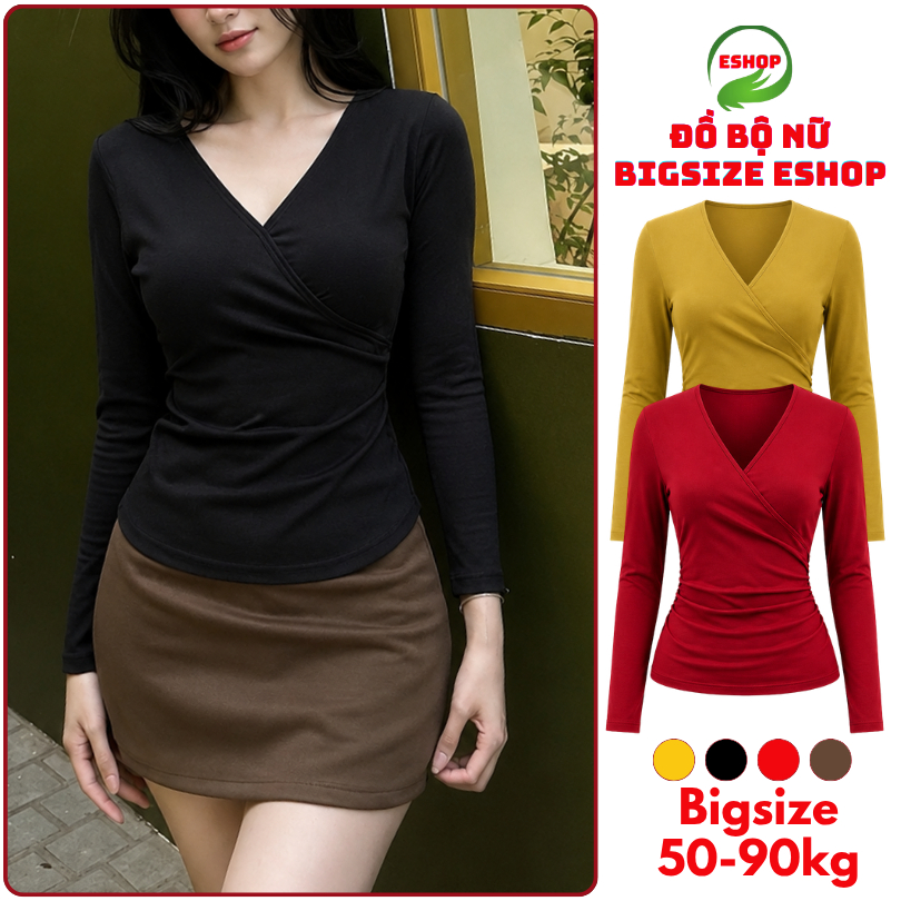 Áo Thun Tay Dài Cổ V Bigsize ESHOP Áo Kiểu Nữ Dài Tay Thun Gân Co Giãn Ôm Body MS518
