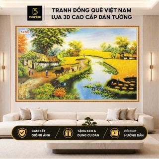 Tranh vải lụa in giả Sơn Dầu Dán tường 3D Phong Cảnh Làng Quê mẫu mới tặng keo và dụng cụ