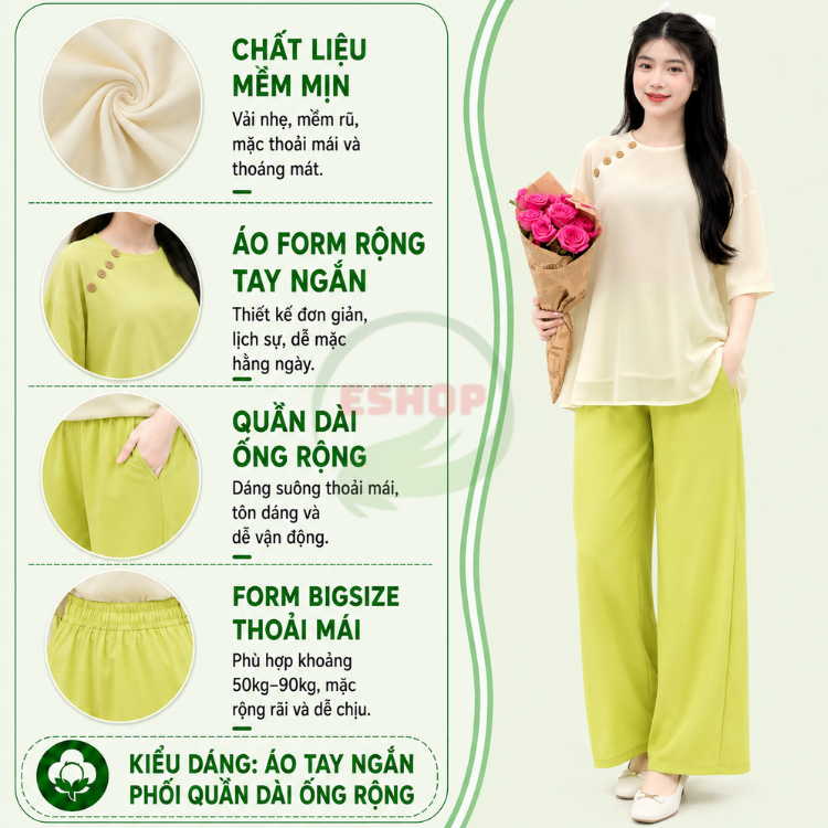 Set Pháp Phục Đi Chùa Bigsize 45-90kg Đồ Lam Cách Tân Áo Tơ Voan Quần Lụa Suông Mặc Tết ESHOP MS317