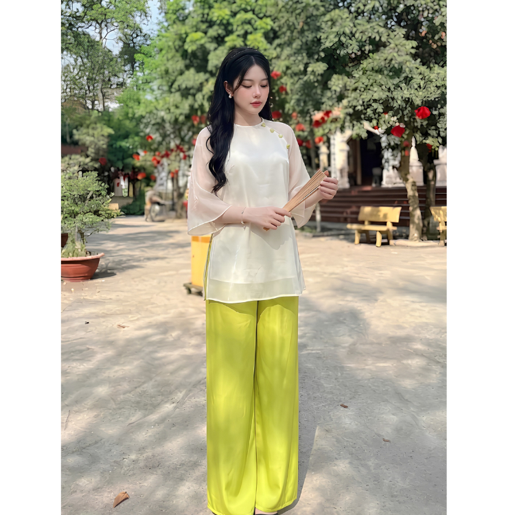 Set Pháp Phục Đi Chùa Bigsize 45-90kg Đồ Lam Cách Tân Áo Tơ Voan Quần Lụa Suông Mặc Tết ESHOP MS317