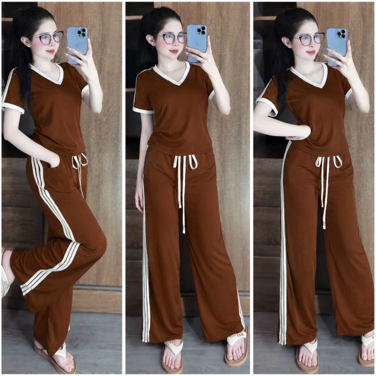 Đồ Bộ Nữ Bigsize ESHOP MS909 Áo Cổ Tim Cổ V Tay Lửng Phối Quần Ống Suông Cạp Cao Thun Gân 45-80kg