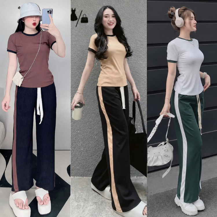 Đồ Bộ Nữ Bigsize ESHOP MS909 Áo Cổ Tim Cổ V Tay Lửng Phối Quần Ống Suông Cạp Cao Thun Gân 45-80kg
